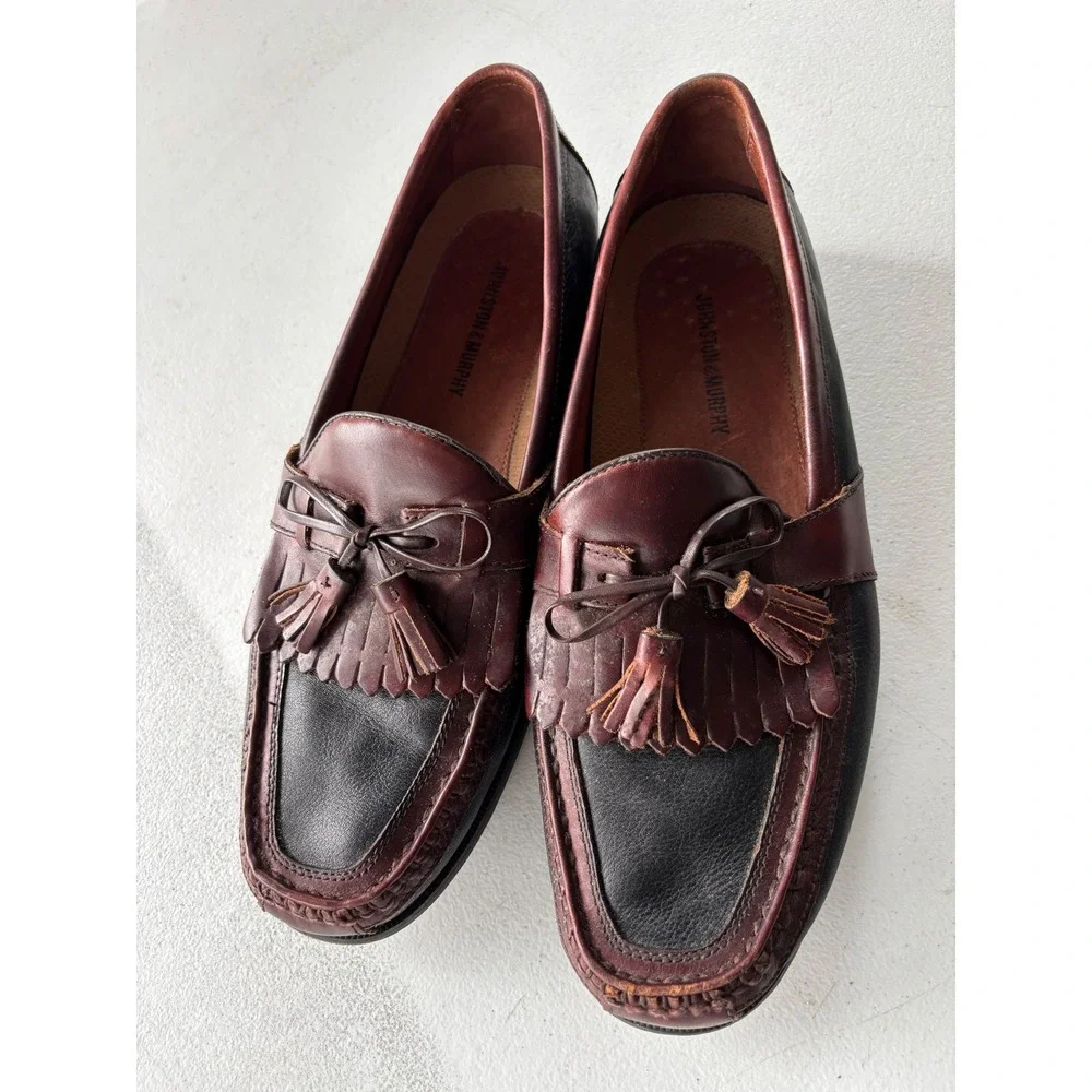 Johnston & Murphy 12W Two Tone Leather Kiltie Tassel Loafers 20-0592 Burgundy